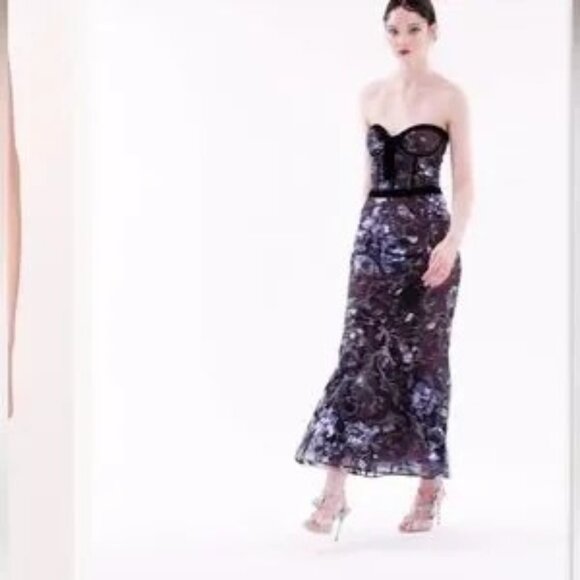 MARCHESA NOTTE***Elegant Black and Blue Strapless Midi Dress**US 4 $795 NWT - Picture 3 of 6